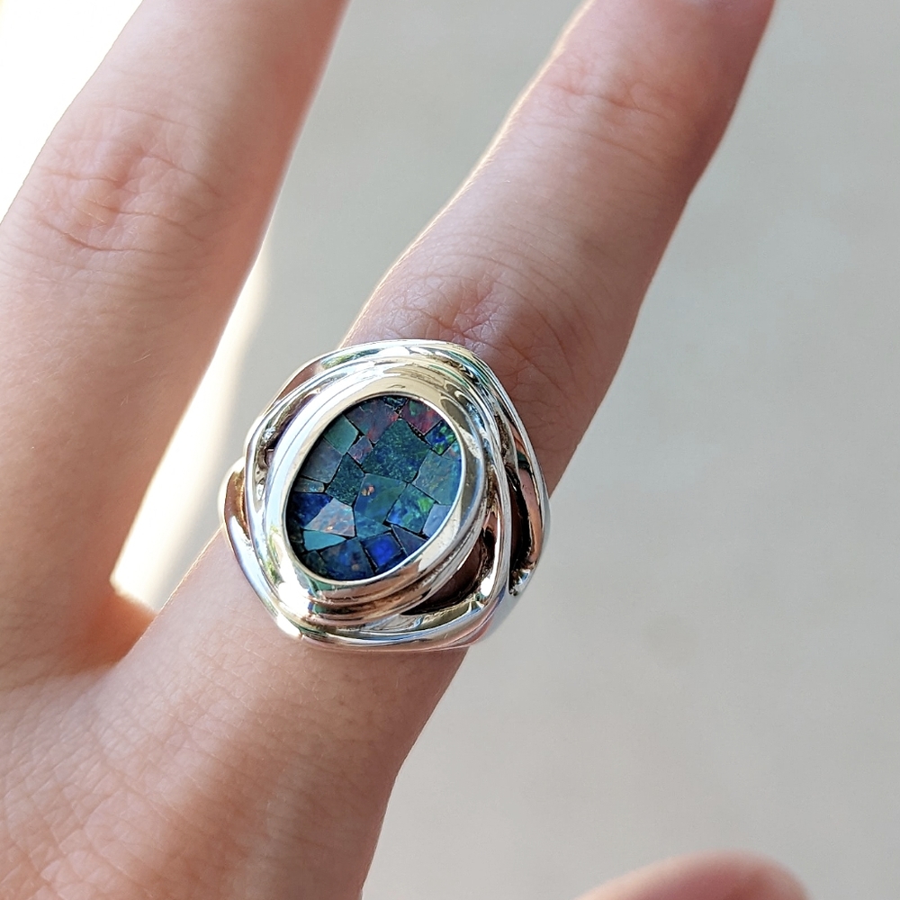 Whitney Kelly sterling silver 925 blue mosaic opal oval ring - Picture 5 of 6